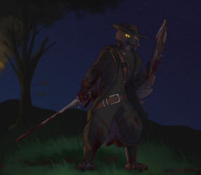 5_fingers ambiguous_gender anthro arm_feathers arrow_(weapon) barefoot beak belt black_body black_feathers blood bodily_fluids clothed clothing crossbow detailed_background feathers feet female fingers gloves grass handwear hat headgear headwear heel_claw looking_at_viewer melee_weapon night plant ranged_weapon rapier sky smoke solo star sword tree weapon yellow_body wolli_mazangui avian bird corvid corvus_(genus) oscine passerine raven absurd_res hi_res huge_filesize signature