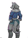 anthro boots bottomwear clothed clothing denim denim_bottomwear denim_clothing denim_jacket denim_shorts denim_topwear female fingerless_gloves fluffy fluffy_tail footwear fur glare gloves grey_body grey_fur hair handwear jacket legwear looking_at_viewer midriff pose scar shoes shorts simple_background solo tail thigh_boots thigh_highs topwear white_background yellow_eyes animous velvela canid canine canis mammal wolf 3:4 absurd_res hi_res