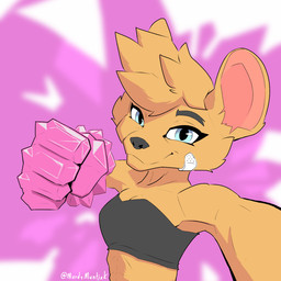 4_fingers anthro bandage blue_eyes breasts brown_body brown_fur clothed clothing female fingers fist fur hair looking_at_viewer muscular muscular_female punch punching_viewer smile solo text topwear mardymuntjak pepe_punch rivals_of_aether olympia_(rivals_of_aether) mammal murid murine rat rodent 2025 artist_name digital_media_(artwork) hi_res meme