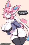 2023 anthro big_breasts black_clothing black_legwear breasts choker clothed clothing dialogue eeveelution english_text female fur generation_6_pokemon hair hi_res jewelry legwear navel necklace nintendo pink_hair pokemon pokemon_(species) solo sylveon text thick_thighs white_body white_fur wide_hips yorusagi