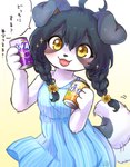 accessory ahoge anthro beverage beverage_can black_hair blush braided_hair braided_pigtails breasts clothed clothing countershading dialogue dress fangs female female_anthro floppy_ears flower flower_in_hair fur grey_body grey_fur hair hair_accessory happy holding_object kemono looking_at_viewer multicolored_body multicolored_fur open_mouth pigtails plant small_breasts soda solo speech_bubble tail tail_motion tailwag talking_to_viewer teeth text tongue two_tone_body two_tone_fur white_body white_fur yellow_eyes koto0v0haru fanta cotorita border_collie canid canine canis collie domestic_dog herding_dog mammal pastoral_dog sheepdog 2021 digital_media_(artwork) hi_res japanese_text translation_request