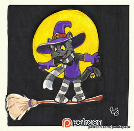 accessory anthro bell broom broom_riding cheek_tuft cleaning_tool clothed clothing facial_tuft fangs front_view fur furgonomics glistening glistening_eyes grey_body grey_fur hat headgear headwear legwear logo male markings moon open_mouth open_smile panties pattern_clothing pattern_legwear pattern_scarf purple_clothing purple_hat purple_headwear purple_panties purple_topwear purple_underwear scarf smile solo standing striped_clothing striped_legwear striped_markings striped_scarf striped_tail stripes tail tail_accessory tail_bell tail_markings teeth topwear tuft underwear yellow_eyes young young_anthro young_male pandapaco felid mammal artist_logo signature
