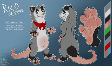 anthro bodily_fluids clothing feet foot_focus footwear male paws sandals shoes solo sweat sweaty_paws text grasky rico american_opossum mammal marsupial virginia_opossum english_text hi_res model_sheet