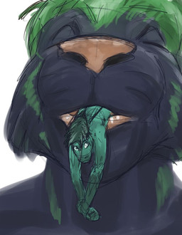 anthro black_body black_fur duo eyes_closed feet_first fur green_body green_fur green_hair hair lips macro macro_male macro_pred male male/male male_pred male_prey micro micro_male micro_prey nude_macro nude_micro nude_prey oral_vore partially_inside simple_background smile vore white_background willing_pred jeri_kleinlowe felid lizard mammal pantherine reptile scalie tiger 2010 colored