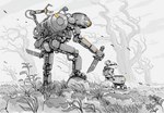 anthro backpack biped bottomwear clothing detailed_background machine outside pants plant tree weapon ryo_yambe mammal mouse murid murine robot rodent 2023 hi_res