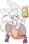 2:3 alternate_color anthro biped book bottomwear breasts clothed clothing diives felid female footwear fully_clothed generation_6_pokemon hair israfel_(diives) legwear looking_at_viewer mammal meowstic nintendo pantyhose pokemon pokemon_(species) red_eyes school_uniform shoes simple_background skirt solo teal_hair telekinesis translucent translucent_clothing translucent_legwear uniform white_background
