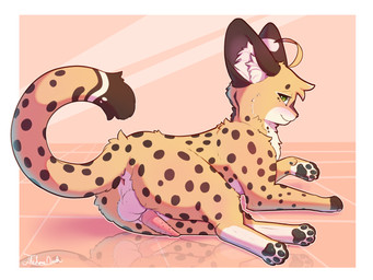 ahoge animal_genitalia animal_penis anus balls big_ears black_pawpads brown_body brown_fur butt circle_eyebrows dipstick_tail eyebrows feline_genitalia feline_penis feral fur genitals green_eyes hair looking_back lying male markings on_side pawpads paws penile_spines penis presenting presenting_hindquarters raised_tail rear_view reflection solo spots spotted_body spotted_fur tail tail_markings tan_body tan_fur yellow_body yellow_fur thelonearch arch_(thelonearch) felid feline mammal serval absurd_res hi_res
