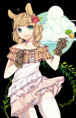 blonde_hair carrot clothed clothing cloud cutlery dress female flower food fork gloves green_eyes hair handwear kitchen_utensils legwear long_hair looking_at_viewer panties plant sky smile solo standing stockings tools underwear vegetable cassettecreams animal_humanoid humanoid lagomorph lagomorph_humanoid leporid leporid_humanoid mammal mammal_humanoid rabbit rabbit_humanoid 2014 hi_res