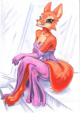 anthro armwear claws clothing decollete dress elbow_gloves fangs female fluffy fluffy_tail gloves grin handwear long_dress looking_at_viewer paws pink_clothing pink_dress pose sitting smile solo tail teeth stirren dreamworks the_bad_guys diane_foxington canid canine mammal absurd_res hi_res huge_filesize pinup traditional_media_(artwork)