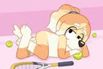 anthro ball bedroom_eyes ears_tied_back female flirting flirting_look fur gloves_(marking) leg_markings lying markings narrowed_eyes on_front orange_body orange_fur ponytail_ears seductive socks_(marking) solo tan_body tan_fur tennis_ball tennis_racket dm29 bluey_(series) frisky_(bluey) bird_dog canid canine canis cocker_spaniel domestic_dog hunting_dog mammal spaniel 3:2