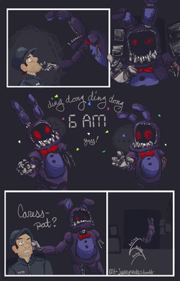 anthro awkward bow_(feature) bow_tie clothing dark duo ellipsis glowing glowing_eyes hat headgear headwear humor jumping machine male mechanic one_eye_closed text jazzysnakes five_nights_at_freddy's five_nights_at_freddy's_2 scottgames withered_bonnie_(fnaf) animatronic human lagomorph leporid mammal rabbit robot 2014 comic english_text