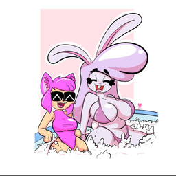 anthro big_breasts bikini breasts bubble clothing duo eyes_closed female fur hair hot_tub long_ears one-piece_swimsuit pink_clothing pink_hair pink_swimwear purple_bikini purple_body purple_clothing purple_fur purple_swimwear relaxing slightly_chubby slightly_chubby_anthro slightly_chubby_female smile smiling_at_viewer spa swimwear thick_thighs two-piece_swimsuit wide_hips plushii_b the_light-looker_society lavender_buns light-neko domestic_cat felid feline felis lagomorph leporid mammal rabbit 1:1 crossover