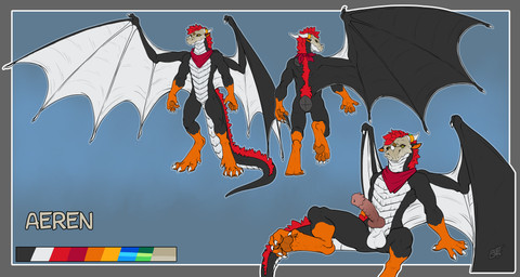 animal_genitalia anthro balls big_wings black_body black_scales bone bone_mask flared_penis front_view gem genitals hair handkerchief horn horn_jewelry horn_ring jewelry kerchief knot knotted_penis lean_body long_penis looking_at_viewer male mane mask on_one_leg orange_paws pawpads paws penis plated_scales presenting presenting_penis presenting_sheath raised_paw rear_view red_hair red_mane ridged_penis ring_(jewelry) scales sheath sitting skull skull_mask solo spread_legs spread_wings spreading standing tail white_body white_scales wings benji_(artist) european_mythology mythology aeren dragon mythological_creature mythological_scalie scalie western_dragon hi_res model_sheet