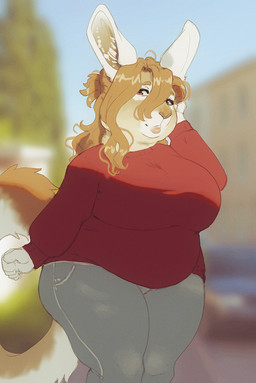 abstract_background anthro belly belly_overhang big_breasts bottomwear breasts clothed clothing female fully_clothed hair half-closed_eyes huge_breasts long_hair looking_at_viewer narrowed_eyes pants slightly_chubby slightly_chubby_female solo sweater topwear noviraine claudia_(noviraine) chinchillid mammal rodent viscacha