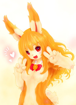 4_fingers anthro blonde_hair blush breasts female fingers gesture hair hand_gesture looking_at_viewer naturally_censored red_eyes simple_background smile solo v_sign tetetor-oort lagomorph leporid mammal rabbit 2015