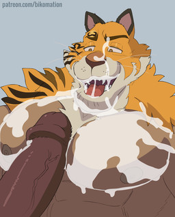 anthro anthro_on_anthro big_penis black_penis bodily_fluids cum cum_in_mouth cum_inside cum_on_chest cum_on_face cum_on_penis cum_on_tongue cumshot drinking drinking_cum duo ejaculation erection eyebrows faceless_character faceless_male fur genital_fluids genitals heart_eyes heart_symbol leaking_cum male male/male nipples oral pecjob pecs penile penis sex solo_focus stripes teeth tongue vein veiny_penis bikomation conditional_dnp felid mammal pantherine tiger 2d_animation animated digital_media_(artwork) frame_by_frame hi_res loop
