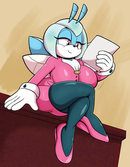 anthro big_breasts biped blue_body bottomwear breasts clothed clothing crossed_legs eyelashes female glistening glistening_eyes gloves handwear holding_object holding_paper legwear paper pink_bottomwear pink_clothing pink_eyes pink_skirt pupils sitting skirt smile solo someth1ngoranother idw_publishing sega sonic_the_hedgehog_(comics) sonic_the_hedgehog_(idw) sonic_the_hedgehog_(series) jewel_the_beetle arthropod beetle insect absurd_res hi_res