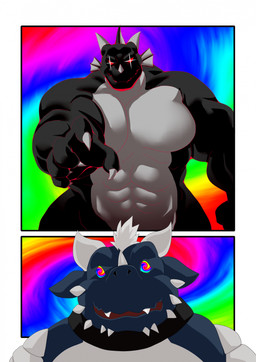 2_horns abstract_background anthro barazoku black_body black_sclera blue_body chin_spikes claws dorsal_fin dorsal_frill ear_fins facial_spikes fin frill_(anatomy) grey_body hair horn hypnosis male mind_control multicolored_body overweight overweight_male red_eyes scales spikes spikes_(anatomy) spines spiral spiral_background spiral_eyes ventral_scales white_hair wings yellow_eyes tomoyamaru mythology negadrake wikiwarrior dragon mythological_creature mythological_scalie scalie 2025 comic hi_res