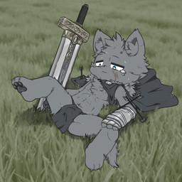 anthro asian_clothing bodily_fluids bulge clothing crying east_asian_clothing etchu_fundoshi fundoshi fur grey_body grey_fur japanese_clothing lying male melee_weapon shota solo sword tears underwear weapon young young_anthro br_eaduck elden_ring fromsoftware blaidd_(elden_ring) canid canine canis mammal wolf 1:1 2022 hi_res