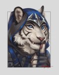 4_fingers anthro black_stripes blue_eyes claws clothed clothing fingers fur looking_at_viewer male smile solo striped_body striped_fur stripes white_body white_fur rogueliger al_(aolun) felid mammal pantherine tiger 2023 digital_media_(artwork)