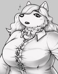 anthro big_breasts breasts clothing curled_hair embarrassed female hair one_eye_obstructed open_mouth overweight overweight_female shirt simple_background solo sparkles tight_clothing tight_topwear topwear white_body zegzagun canid canine canis domestic_dog mammal nordic_sled_dog samoyed spitz hi_res