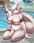 amber_eyes ammunition anthro big_breasts bikini biped bodily_fluids breasts camel_toe cleavage cleavage_cutout clothed clothing cutout female flower food fruit fruit_slice fur hair huge_breasts kneeling looking_at_viewer melon open_mouth plant popsicle sitting slightly_chubby solo sweat swimming_pool swimwear thick_thighs two-piece_swimsuit water watermelon watermelon_popsicle watermelon_slice white_body white_fur white_hair tailzkim arctic_fox canid canine fox mammal true_fox 2018 absurd_res hi_res