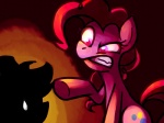 abstract_background angry bodily_fluids clothing cowboy_hat cutie_mark duo female feral fur hair hat headgear headwear pink_body pink_fur pink_hair red_eyes simple_background sweat sweatdrop tail karzahnii friendship_is_magic hasbro my_little_pony applejack_(mlp) pinkie_pie_(mlp) earth_pony equid equine horse mammal pony 4:3