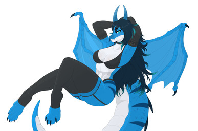 4_toes anthro arm_warmers arms_bent armwear bent_legs big_breasts bikini black_arm_warmers black_armwear black_bikini black_claws black_clothing black_eyebrows black_leg_warmers black_legwear black_swimwear blue_eyes blue_hair blue_horn blue_membrane blue_stripes blue_wings breasts buckle claws clothing collarbone eyebrow_through_hair eyebrows eyelashes feet female hair hands_behind_head horn leg_warmers legwear lidded_eyes light long_hair long_tail looking_at_viewer markings membrane_(anatomy) membranous_wings mouth_closed multicolored_body multicolored_hair multicolored_scales multicolored_tail multicolored_wings navel non-mammal_breasts non-mammal_navel paws pupils scales sitting slit_pupils solo striped_markings striped_tail stripes swimwear tail tail_markings thick_tail thick_thighs toe_claws toes translucent translucent_hair two-piece_swimsuit white_body white_skin wing_claws wings elcastorblanco european_mythology mythology mira_crystaleye dragon mythological_creature mythological_scalie scalie western_dragon winged_dragon 2024 cel_shading colored digital_drawing_(artwork) digital_media_(artwork) english_description hi_res lighting shaded