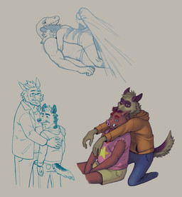 anthro bed_sheet bedding blue_eyes bottomwear brown_body brown_eyes clothing denim denim_bottomwear denim_clothing duo hoodie hug hugging_another hugging_partner humanoid_hands jeans kneeling male pants shirt shorts t-shirt topwear underwear liori password_(visual_novel) dave_(password) sal_(password) digital_drawing_(artwork) digital_media_(artwork) english_description hi_res