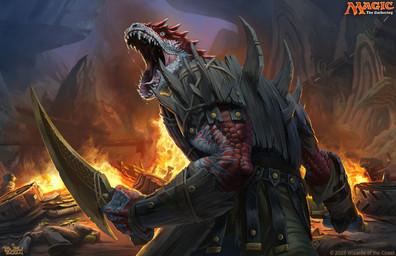anthro fire holding_melee_weapon holding_object holding_sword holding_weapon looking_at_viewer male melee_weapon open_mouth red_body red_scales rock scales sharp_teeth solo sword teeth weapon wooden_armor brian_valeza hasbro magic:_the_gathering wizards_of_the_coast reptile scalie 2024 digital_media_(artwork) hi_res official_art