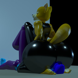3_toes anthro balls big_butt big_penis black_bottomwear black_clothing black_nose black_shirt black_shorts black_thighs black_topwear blue_body blue_clothing blue_fur blue_hair blue_hat blue_headwear bodily_fluids bottomwear butt butt_expansion claws clothing condom_suit cum cum_in_clothing cum_in_shorts duo erection erection_under_clothing expansion eyes_closed facesitting feet fur genital_expansion genital_fluids genitals gloves hair handwear hat headgear headwear huge_butt huge_penis hyper hyper_butt hyper_genitalia hyper_penis latex latex_bottomwear latex_clothing latex_gloves latex_handwear latex_legwear latex_shirt latex_shorts latex_thigh_highs latex_topwear legwear male male/male open_mouth penis penis_expansion plantigrade purple_bottomwear purple_clothing purple_gloves purple_handwear purple_legwear purple_shorts purple_thigh_highs shirt shorts sitting sitting_on_another tail thigh_highs toe_claws toes topwear yellow_body yellow_fur themeshow101 charleyfox_(modeler) nintendo star_fox charleyfox_fox fox_mccloud fox_mccloud_(charleyfox) wrenchy_(wrenchy247) canid canine fox mammal 1:1 2026 3d_(artwork) absurd_res digital_media_(artwork) hi_res