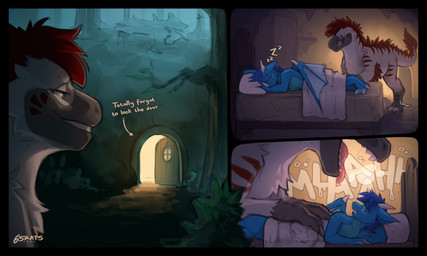 anthro anthro_prey bed bed_sheet bedding bedroom blanket blue_body blue_eyes blue_hair blue_scales bodily_fluids breath cheek_tuft claws detailed_background directional_arrow door duo facial_tuft feathers feet feral feral_pred forest fur furniture grey_body grey_claws grey_fur hair half-closed_eyes horn imminent_vore inside larger_pred lying male male/male male_pred male_prey markings narrowed_eyes night onomatopoeia outside pinned plant red_hair red_markings saliva saliva_string scales shrub sickle_claw size_difference sleeping smile sneaking sound_effects tail tail_feathers teeth text toe_claws toes tongue tongue_out tree tuft vowelless vowelless_sound_effect waking_up white_body white_fur white_hair window zzz st4rs6 mythology angel_(bloodshotgemini) scaltrox dinosaur dragon dromaeosaurid feathered_scalie mythological_creature mythological_scalie prehistoric_species reptile saurischian scalie theropod comic english_text hi_res