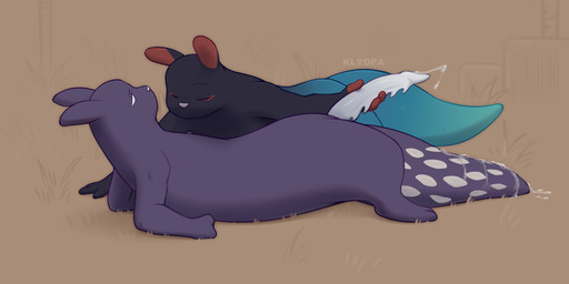 ambiguous_gender black_body blue_body blue_tail bodily_fluids cum cum_on_tail cumshot duo ejaculation erection eyes_closed feral genital_fluids genitals holding_another's_penis holding_penis male penile_spines penis purple_body purple_ears purple_tail red_ears semi-anthro smile tail white_nose klyopa rain_world videocult inv_(rain_world) spearmaster_(rain_world) slugcat absurd_res hi_res