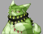 anthro belly claws clothing fluffy fluffy_tail fur green_body green_fur male pattern_clothing red_claws red_eyes scarf solo tail tipped_ears thefoxwife hi_res