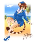 aircraft airplane anthro beach blue_eyes bow_(feature) bow_in_front bow_tie breasts brown_hair claws clothed clothing costume female flight_attendant footwear fur hair high_heels pawpads seaside shoes sitting smile solo uniform vehicle piiunivers felid felidae feline leopardus mammal ocelot 5:6 absurd_res hi_res