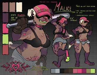 anthro baseball_bat baseball_cap bat_(object) bottomwear bra clothing collar female gloves handwear hat headgear headwear hidden_eyes piercing shorts solo spiked_collar spikes text underwear womb_tattoo xonn malice_(xonn) canid canine canis domestic_dog mammal absurd_res english_text hi_res model_sheet