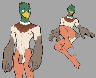 anthro anus balls beak big_arms blush blush_lines body_pattern feet flaccid genitals green_head male membrane_(anatomy) multicolored_body nipples nub_tail nude open_mouth open_smile penis pink_penis pink_tongue smile solo toes tongue webbed_feet yellow_beak jrjresq anatid anseriform avian bird duck 2026 hi_res