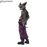 anthro black_body bottomwear clothed clothed_anthro clothing collar crop_top ear_piercing footwear jacket leather leather_clothing leather_jacket leather_topwear looking_at_viewer looking_back looking_back_at_viewer male pants piercing purple_bottomwear purple_clothing purple_pants shirt shoes sleeveless_jacket solo spiked_collar spikes tail topwear hustifthebat bat mammal 1:1 hi_res