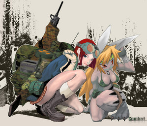 3_toes abstract_background backpack bikini boots breasts claws clothed clothing crouching dog_tags duo explosives eyewear eyewear_on_head feet female footwear gloves goggles goggles_on_head grenade gun hair handwear knife military ranged_weapon red_hair shoes simple_background skimpy swimwear toes two-piece_swimsuit weapon ラビッツ human lagomorph leporid mammal rabbit