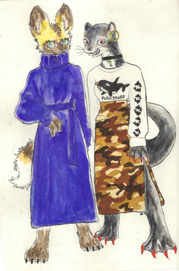 anthro barefoot bottomwear brown_body brown_fur camo camo_clothing camo_print claws clothed clothing colored_nails dress duo ear_piercing ear_ring feet female fur green_eyes jewelry nails necklace pattern_clothing piercing red_eyes ring_piercing simple_background skirt smile sweater tail teeth topwear white_background yellow_body yellow_fur kyokyota african_wild_dog canid canine giant_otter mammal mustelid musteline otter river_otter true_musteline 2019 absurd_res hi_res traditional_media_(artwork)