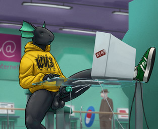anthro balls big_balls bodily_fluids bored bottomless clothed clothing computer cum cumshot ejaculation electronics erection exhibitionism foreskin furniture genital_fluids genitals glans hoodie humanoid_genitalia humanoid_penis male masturbation orgasm penile penile_masturbation penis public public_masturbation retracted_foreskin saggy_balls solo topwear tall_lizzard grand_theft_auto grand_theft_auto_iii rockstar_games tall_(tall_lizzard) lizard mammal reptile scalie