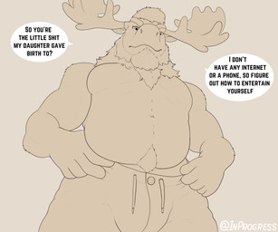 anthro antlers bottomwear bulge clothed clothing dialogue hairy horn looking_at_viewer low-angle_view male musclegut muscular navel pants profanity solo standing text topless topless_male inprogress deer mammal moose new_world_deer 6:5 absurd_res english_text hi_res