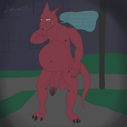 after_vore anthro balls belly big_belly big_penis bodily_fluids dialogue drooling fangs foreskin genitals male male_pred oral_vore penis red_body red_skin rumbling_stomach saggy_balls saliva solo street_lamp teeth text tight_foreskin vein veiny_penis vore purplen00dle monster 1:1 absurd_res hi_res