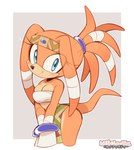 anthro bandeau blue_eyes blush bottomwear breasts cleavage clothed clothing crown eyelashes female fur hair headgear loincloth looking_at_viewer orange_body orange_fur ponytail smile solo tail text tiara topwear tribal milkchaotea punkinbuu sega sonic_adventure sonic_the_hedgehog_(series) tikal_the_echidna echidna mammal monotreme 2025 artist_name english_text hi_res japanese_text signature