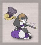 big_butt brooding butt crossed_legs exposed_thighs frown hair hammer horn long_hair sitting tools weapon sonomatic sono_(sonomatic) bovid caprine mammal sheep colored_sketch flat_colors hi_res sketch