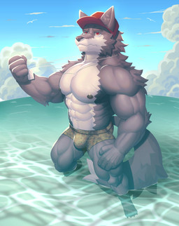 abs anthro areola barazoku beach biped bulge clothing cloud day dog_tags fingers fist front_view fur furgonomics grey_body grey_fur hat headgear headwear humanoid_hands inner_ear_fluff looking_at_viewer male muscular muscular_anthro muscular_arms muscular_legs muscular_male navel nipples outside partially_submerged pecs pose red_eyes sky solo standing swimwear swimwear_only tail tuft water ronci canid canine canis mammal wolf 2021 full-length_portrait hi_res portrait