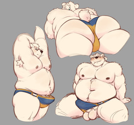 anthro armpit_hair ball_slip balls barely_contained belly biceps blush body_hair bulge butt cigarette clothed clothing erection erection_under_clothing eyewear fur genitals glasses hair love_handles male moobs musclegut muscular navel nipples overweight overweight_anthro overweight_male pecs penis ponytail skimpy smoking solo speedo spread_legs spreading swimwear tenting white_body white_fur justshu lifewonders tokyo_afterschool_summoners leib_(tas) bear mammal polar_bear ursine hi_res multiple_images