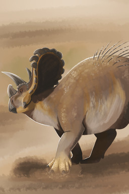 ambiguous_feral ambiguous_gender brown_body facial_horn feral glistening glistening_eyes grey_horn horizontal_pupils horn mouth_closed nose_horn pupils quills_(anatomy) side_view simple_background solo tan_body unsigned swampjaws ceratopsian ceratopsid chasmosaurine dinosaur marginocephalian ornithischian prehistoric_species reptile scalie triceratops 2:3 absurd_res hi_res