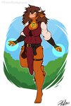 anthro belt big_breasts breasts brown_hair buckle cheek_tuft cleavage clothed clothing facial_tuft female fully_clothed fur hair horn jewelry leg_tuft long_hair looking_aside magic on_one_leg outside pendant solo standing tuft fiercedeitylynx saoirse_(fiercedeitylynx) bovid bovine cattle highland_cattle mammal 2022 absurd_res digital_media_(artwork) hi_res signature