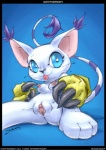 3_toes anthro biped black_border border breasts clitoris ear_tuft feet female fur genitals lying nipples on_back presenting presenting_pussy pussy small_breasts solo spread_legs spreading tail toes tongue tongue_out tuft white_body white_fur dreamer69 bandai_namco digimon digimon_(species) felid gatomon mammal